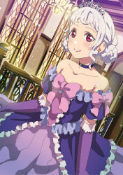 Rule 34 | 1girl, absurdres, al aoi aoba, arashi chisato, choker, commentary request, double bun, dress, elbow gloves, frilled dress, frills, gloves, hair bun, highres, indoors, lipgloss, looking at viewer, love live!, love live! superstar!!, off-shoulder dress, off shoulder, parted lips, pink ribbon, purple choker, purple dress, purple gloves, red eyes, ribbon, smile, solo, tiara, upper body, white hair
