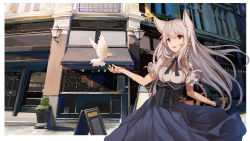 Rule 34 | 1girl, :d, animal, animal ears, architecture, bad id, bad pixiv id, bird, black gloves, blue ribbon, blue skirt, braid, breasts, building, cafe, collared shirt, day, dove, floating hair, fox ears, frilled sleeves, frills, gloves, hair between eyes, highres, lamp, long hair, long skirt, looking away, medium breasts, menu board, neck ribbon, open mouth, original, outdoors, plant, potted plant, red eyes, ribbon, sagiri (ulpha220), shirt, short sleeves, sidelocks, silver hair, single glove, skirt, smile, solo, standing, underbust, white shirt, window