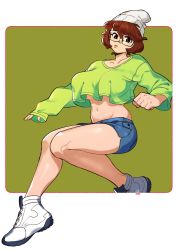 Rule 34 | 1girl, beanie, breasts, brown eyes, brown hair, clenched hand, glasses, hat, highres, large breasts, looking at viewer, midriff, navel, original, short hair, snowcie, snowciel, solo, underboob