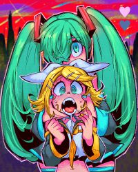 Rule 34 | 2girls, aqua eyes, aqua hair, asphyxiation, assertive female, blonde hair, blue eyes, bow, crop top, detached sleeves, drooling, hair bow, hair ornament, hair over one eye, hairclip, hands on another&#039;s face, hatsune miku, headset, heart, holding head, kagamine rin, long hair, meteor, meteor shower, multiple girls, nail polish, necktie, open mouth, outline, red sky, ringed eyes, sailor collar, saliva, sanjiro (tenshin anman), sky, skyline, strangling, tears, twintails, very long hair, vocaloid, white bow, yandere, yuri