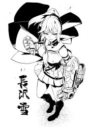 Rule 34 | 1girl, arm at side, arm strap, assault lily, bare shoulders, belt, boots, breasts, character name, clenched hand, commentary request, crop top, detached sleeves, dual wielding, floating cape, floating hair, from above, full body, greyscale, hand up, highres, holding, knee boots, kneehighs, large breasts, long hair, long sleeves, looking away, miniskirt, monochrome, nagasawa yuki (assault lily), neckerchief, parted lips, pleated skirt, ponytail, power fist, ribbed shirt, sailor collar, school uniform, serafuku, shirt, simple background, skirt, sleeveless, sleeveless shirt, smile, socks, solo, standing, thigh strap, translated, tsukinami kousuke, undershirt, v-shaped eyebrows, waist cape, white background