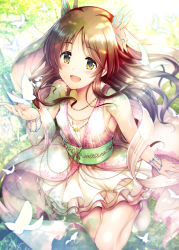 Rule 34 | 1girl, brown eyes, brown hair, bug, butterfly, dress, highres, idolmaster, idolmaster cinderella girls, bug, jewelry, long hair, looking at viewer, ment, necklace, open mouth, sash, shawl, smile, solo, takamori aiko, veil, white dress
