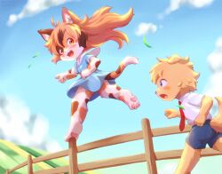 Rule 34 | 1boy, 1girl, animal ears, balancing, black hair, blue dress, blue eyes, blue shorts, blue sky, body fur, brown eyes, cat ears, cat girl, cat tail, child, cloud, collared dress, collared shirt, day, dog boy, dog ears, dog tail, dress, falling leaves, fence, furry, furry female, furry male, highres, hill, leaf, light brown hair, looking back, multicolored hair, necktie, original, outdoors, pawpads, piporinton, pointing, red necktie, running, shirt, shorts, sky, tail, white shirt