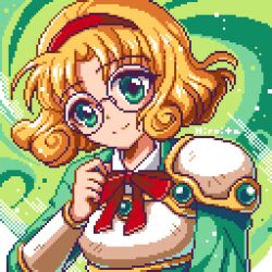 Rule 34 | 1girl, armor, artist name, blonde hair, bow, bowtie, closed mouth, commentary, curly hair, glasses, green background, green eyes, green shirt, hairband, head tilt, hiroita, hououji fuu, looking at viewer, lowres, magic knight rayearth, pixel art, red bow, red hairband, round eyewear, shirt, short hair, smile, solo, split mouth, upper body
