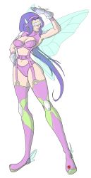 Rule 34 | 1girl, absurdres, breasts, digimon, digimon frontier, fairimon, fairy, garter straps, gloves, highres, long hair, mask, navel, panties, purple hair, simple background, solo, underwear, very long hair, white background, wings