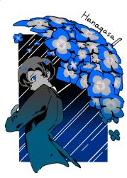 Rule 34 | 1boy, aozukikawasemi, black hair, black jacket, blue background, blue eyes, blue flower, blue theme, blue umbrella, border, commentary request, covered mouth, cropped torso, flower, flower umbrella, gradient background, highres, holding, holding umbrella, jacket, limited palette, looking at viewer, looking to the side, male focus, original, outside border, profile, rain, short hair, sideways glance, solo, umbrella, white border