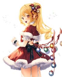 Rule 34 | 1girl, :d, alternate costume, back bow, blonde hair, bow, cape, capelet, christmas ornaments, commentary request, cowboy shot, dress, fangs, flandre scarlet, from behind, fur-trimmed cape, fur-trimmed dress, fur trim, garter straps, hair bobbles, hair ornament, highres, long hair, looking at viewer, looking back, mokokiyo (asaddr), open mouth, pointy ears, ponytail, puffy short sleeves, puffy sleeves, red capelet, red dress, red eyes, red ribbon, ribbon, short sleeves, smile, solo, star (symbol), star hair ornament, touhou, wings, wrist cuffs