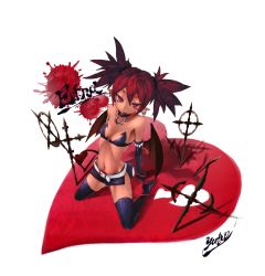 Rule 34 | 1girl, :p, bare shoulders, belt, boots, breasts, character name, choker, cross, demon girl, demon tail, disgaea, earrings, elbow gloves, etna (brs-etna), etna (disgaea), flat chest, gloves, heart, highres, jewelry, kneeling, looking at viewer, pointy ears, red eyes, red hair, short hair, shorts, skull, small breasts, solo, tail, thigh boots, thighhighs, tongue, tongue out, twintails