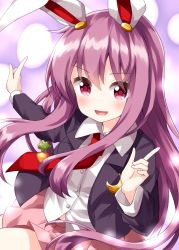 Rule 34 | 1girl, animal ears, blazer, blush, collared shirt, crescent, crescent pin, hair between eyes, highres, index fingers raised, jacket, long hair, long sleeves, necktie, open mouth, pink hair, pink skirt, pleated skirt, rabbit ears, red eyes, red necktie, reisen udongein inaba, ruu (tksymkw), shirt, skirt, smile, solo, touhou, white shirt