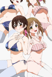 Rule 34 | 2girls, :d, absurdres, ass, ass-to-ass, bikini, blue bikini, blush, breasts, brown eyes, brown hair, cleavage, closed mouth, collarbone, dr. gero (staedtler 0508), floral print, from below, hair ribbon, hands on own chest, highres, idolmaster, idolmaster cinderella girls, idolmaster cinderella girls starlight stage, kneeling, large breasts, long hair, looking at viewer, multiple girls, multiple views, navel, o-ring, o-ring bikini, oikawa shizuku, open mouth, pink bikini, pink ribbon, ribbon, short hair, side-tie bikini bottom, sideboob, smile, staring, striped bikini, striped clothes, swimsuit, thighhighs, totoki airi, twintails, underboob, white background, white thighhighs