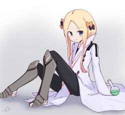 Rule 34 | 1girl, abigail williams (fate), armored boots, black bow, black pants, blonde hair, blue eyes, blush, boots, bow, closed mouth, coat, commentary request, cosplay request, fate/grand order, fate (series), flask, forehead, gradient background, grey background, hair bow, highres, knee boots, kujou karasuma, long hair, long sleeves, orange bow, pants, parted bangs, round-bottom flask, signature, sitting, sleeves past fingers, sleeves past wrists, smile, solo, white background, white coat