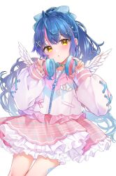 1girl ahoge amamiya_kokoro amamiya_kokoro_(4th_costume) blue_bow blue_hair blue_headphones bow cardigan feathered_wings floating_hair hair_bow hair_ornament headphones headphones_around_neck heart heart_hair_ornament highres layered_skirt long_hair long_sleeves looking_at_viewer mini_wings miniskirt multicolored_hair nijisanji pink_hair pink_skirt plaid_clothes plaid_skirt pleated_skirt ponytail simple_background skirt solo thigh_gap tojo_(natumi1412) two-tone_hair very_long_hair virtual_youtuber white_background white_cardigan white_skirt white_wings wings x_hair_ornament yellow_eyes