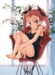 Rule 34 | 00s, 1girl, barefoot, between legs, blue eyes, blush, camisole, collarbone, duplicate, feet, female focus, forehead, full body, hair slicked back, hand between legs, idolmaster, idolmaster (classic), idolmaster 1, kitano yuusuke, long hair, looking at viewer, minase iori, plant, sitting, solo, toes, twintails, window