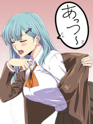Rule 34 | 1girl, blouse, blush, brown jacket, brown skirt, cardigan, closed eyes, collar tug, collared shirt, commentary request, gradient background, green hair, hair ornament, hairclip, ishii hisao, jacket, kantai collection, long hair, long sleeves, open mouth, pleated skirt, school uniform, shirt, skirt, solo, speech bubble, suzuya (kancolle), white shirt