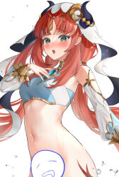 Rule 34 | 1girl, :d, bare shoulders, blue skirt, blush, breasts, brooch, censored, commentary, crop top, detached sleeves, embarrassed, genshin impact, green eyes, highres, horns, jewelry, long hair, long sleeves, looking down, medium breasts, midriff, navel, nilou (genshin impact), novelty censor, open mouth, red hair, shancha, simple background, skirt, smile, solo, stomach, upper body, veil, very long hair, water drop, white background