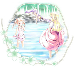 Rule 34 | 3girls, :d, ;d, animal ears, bangle, black legwear, blonde hair, blue eyes, blush, bracelet, breasts, brown eyes, closed eyes, closed mouth, collarbone, collared dress, day, dog ears, dress, hair between eyes, jewelry, long hair, lying, medium breasts, multiple girls, navel, on side, one eye closed, open mouth, orange hair, original, outdoors, outstretched arm, pink dress, profile, purple hair, reaching, reaching towards viewer, ribbon-trimmed sleeves, ribbon trim, rock, shirt, short sleeves, sideways mouth, sleeveless, sleeveless dress, smile, standing, takana (srplus), tied dress, tree, twintails, very long hair, wading, water, white shirt