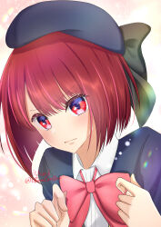 Rule 34 | 1girl, absurdres, arima kana, beret, black bow, blue hat, blue jacket, bob cut, bow, bowtie, collared shirt, hat, hat bow, highres, inverted bob, jacket, oshi no ko, pink bow, pink bowtie, red eyes, red hair, school uniform, shirt, solo, twitter username, ufaru, white shirt, youtou high school uniform