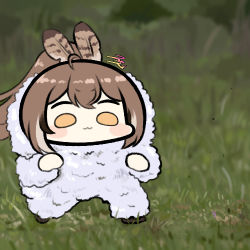 Rule 34 | 1girl, :3, brown hair, chibi, commentary, feather hair ornament, feathers, grass, hair ornament, hololive, hololive english, jazz jack, lowres, nanashi mumei, photo-referenced, ponytail, signature, solo, virtual youtuber