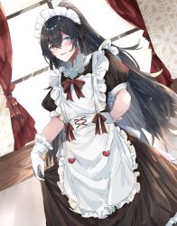 Rule 34 | 1boy, apron, aqua eyes, black bow, black dress, black eyes, black hair, blush, bow, bowtie, cowboy shot, crossdressing, curtains, dress, gloves, hair bow, heterochromia, highres, hong lu (project moon), indoors, limbus company, long hair, looking at another, maid, maid apron, maid headdress, parted lips, ponytail, project moon, puffy short sleeves, puffy sleeves, red bow, red bowtie, shiba prmn, short sleeves, solo, trap, very long hair, white apron, white gloves, window