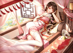 Rule 34 | 1girl, arm support, bad id, bad pixiv id, brown eyes, brown hair, closed mouth, clouble, curtains, day, desk lamp, dress, fingernails, flower, food, fruit, hair flower, hair ornament, hand fan, highres, holding, indoors, lamp, long hair, looking at viewer, lotus, lying, no shoes, on side, open window, original, pink dress, pink flower, red lips, short sleeves, smile, solo, sunlight, table, thighhighs, transparent, very long hair, watermelon, white thighhighs, window