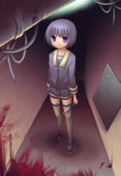 Rule 34 | arms at sides, blood, bloody weapon, blouse, bob cut, cable, dobato, elysion, from above, full body, knife, purple eyes, purple hair, purple shirt, school uniform, serafuku, shirt, solo, soror, sound horizon, standing, thighhighs, weapon, white thighhighs, zettai ryouiki