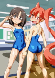 Rule 34 | 2girls, ass, blue one-piece swimsuit, breasts, bright pupils, brown eyes, brown hair, carinae, classroom, closed mouth, collarbone, commentary request, covered erect nipples, covered navel, door, fang, floating hair, hair between eyes, hand up, highres, indoors, kitanaga, long hair, multiple girls, one-piece swimsuit, open mouth, orange eyes, orange hair, school swimsuit, shiny skin, smile, standing, stool, swimsuit, table, tongue, tongue out, twintails, ueno-san wa bukiyou, ueno (ueno-san wa bukiyou), v, white pupils