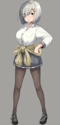 Rule 34 | 10s, 1girl, :o, absurdres, black footwear, black pantyhose, blue eyes, blush, breasts, buttons, clothes around waist, eyes visible through hair, full body, grey background, grey skirt, hair ornament, hair over one eye, hairclip, hamakaze (kancolle), highres, kantai collection, kei (soundcross), large breasts, long sleeves, looking at viewer, pantyhose, pigeon-toed, pleated skirt, shoes, short hair, silver hair, simple background, skirt, solo, standing, sweater, sweater around waist
