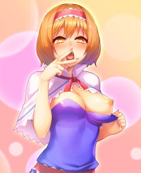 Rule 34 | 1girl, alice margatroid, blonde hair, blue dress, breasts, capelet, clothes pull, cunnilingus gesture, dress, dress pull, gradient background, hairband, heart, heart-shaped pupils, highres, nipples, no bra, one breast out, open mouth, saliva, solo, symbol-shaped pupils, tarmo, touhou, v