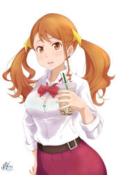 Rule 34 | 1girl, absurdres, anjou naruko, ano hi mita hana no namae wo bokutachi wa mada shiranai., arm at side, bow, bra visible through clothes, bralines, breasts, brown eyes, brown hair, bubble tea, cleavage, cup, drinking straw, earrings, hair ornament, hairclip, highres, holding, holding cup, island lagoon, jewelry, looking at viewer, medium breasts, open mouth, red bow, school uniform, see-through, shirt, simple background, skirt, solo, stud earrings, twintails, uniform, wet, wet clothes, wet shirt, white background, white shirt