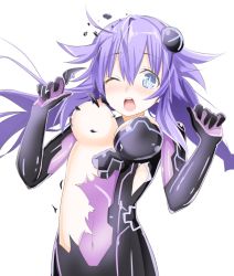 Rule 34 | 1girl, arms up, bad id, bad twitter id, blue eyes, blush, bodysuit, braid, breasts, cleavage, gloves, hair ornament, highres, leotard, long hair, looking at viewer, medium breasts, navel, neptune (neptunia), neptune (series), nipples, niwaka potato, one eye closed, open mouth, purple hair, purple heart (neptunia), simple background, solo, symbol-shaped pupils, tears, torn clothes, twin braids, very long hair, white background