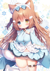 Rule 34 | 1girl, :o, ahoge, animal ear fluff, animal ears, blue bow, blue dress, blue eyes, blush, bow, bow panties, breasts, brown hair, clothes lift, cowboy shot, dress, dress bow, dress lift, finger to mouth, frilled dress, frills, hair between eyes, hair bow, hair ornament, hand up, heterochromia, highres, leg up, lifting own clothes, long hair, long sleeves, maid headdress, momozu komamochi, navel, oppai loli, original, panties, pantyshot, pleated skirt, presenting, signature, skirt, solo, standing, thigh gap, thighhighs, thighs, two side up, underwear, very long hair, white panties, white thighhighs, wide sleeves, yellow eyes, zettai ryouiki