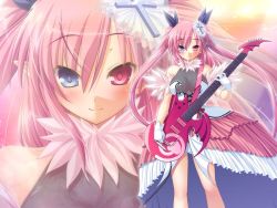 Rule 34 | 1girl, bare shoulders, blush, breasts, chu x chu idol, chua churam, dress, female focus, gloves, guitar, hair between eyes, heterochromia, highres, holding, instrument, long hair, looking at viewer, ozawa akifumi, pink hair, pointy ears, smile, solo, standing, twintails, vampire, wallpaper, white gloves, zoom layer
