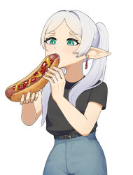 Rule 34 | 1girl, alternate costume, aqua eyes, belt, black belt, black shirt, casual, contemporary, denim, food, frieren, highres, holding, holding food, hot dog, jeans, long hair, pants, pointy ears, shirt, short sleeves, simple background, solo, sousou no frieren, upper body, white background, white hair, yellow glasses (odivichno)