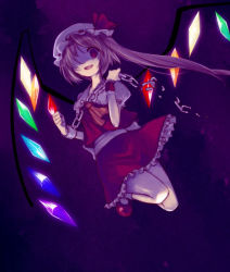 Rule 34 | 1girl, akr et, bad id, bad pixiv id, blonde hair, chain, crazy eyes, dark, evil smile, female focus, flandre scarlet, flying, glowing, hat, looking at viewer, no eyes, one-eyed, red eyes, short hair, side ponytail, smile, solo, touhou, wings