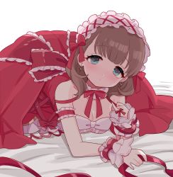 Rule 34 | 1girl, :o, arm cuffs, backlighting, bed sheet, blush, bow, breasts, brown hair, closed mouth, collar, commentary, cross, cross earrings, dot mouth, dot nose, dress, earrings, eyelashes, frilled bow, frilled collar, frilled cuffs, frills, green eyes, hairband, highres, idolmaster, idolmaster cinderella girls, jewelry, lolita hairband, looking at viewer, lying, medium breasts, necktie, off shoulder, on stomach, red bow, red dress, red neckwear, red ribbon, ribbon, sakuma mayu, simple background, sleeveless, sleeveless dress, sukoyaka (100hituzi), white background