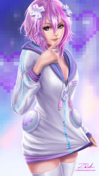 Rule 34 | 10s, 1girl, artist name, breasts, choker, cleavage, d-pad, eyelashes, female focus, finger to mouth, fingernails, gradient background, hair between eyes, hair ornament, hairpin, heart, highres, hood, hooded track jacket, hoodie, index finger raised, jacket, light smile, lips, long sleeves, looking at viewer, neptune (neptunia), neptune (series), parted lips, pink background, pink hair, pixel art, purple eyes, purple hair, short hair, signature, simple background, solo, standing, teeth, thighhighs, track jacket, tsurime, usb, watermark, web address, white jacket, white thighhighs, z-duke, zettai ryouiki, zipper