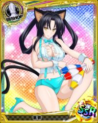 Rule 34 | 1girl, animal ears, bishop (chess), black hair, breasts, card (medium), cat ears, cat tail, character name, chess piece, covered erect nipples, hair rings, high school dxd, kuroka (high school dxd), large breasts, lipstick, long hair, makeup, multiple tails, official art, purple lips, solo, tail, torn clothes, trading card, yellow eyes
