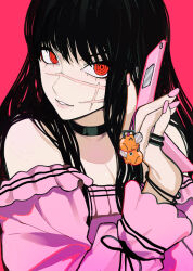Rule 34 | 1girl, black choker, black hair, bracelet, cellphone, chainsaw man, choker, cross scar, dress, facial scar, flip phone, frilled sleeves, frills, highres, holding, holding phone, jewelry, long hair, looking at viewer, multiple rings, phone, pink background, pink dress, pink nails, pink theme, pinky ring, pochita (chainsaw man), red eyes, ring, ringed eyes, sailen0, scar, scar on cheek, scar on face, simple background, solo, yoru (chainsaw man)