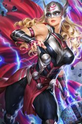 Rule 34 | 1girl, armlet, armor, armpits, bare shoulders, black bodysuit, black pants, blonde hair, blue eyes, bodysuit, breasts, cape, commentary, english commentary, fingerless gloves, floating rock, gloves, hammer, helmet, highres, holding, holding hammer, holding weapon, jane foster, large breasts, lightning, lips, long hair, marvel, mixed-language commentary, mjolnir (marvel), muscular, muscular female, nail polish, neoartcore, paid reward available, pants, parted lips, patreon username, pelvic curtain, pink nails, red cape, solo, superhero costume, thai commentary, thick thighs, thighs, thor (jane foster), tight clothes, vambraces, wavy hair, weapon