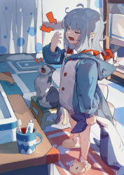 Rule 34 | 1girl, absurdres, animal hood, animal slippers, cat, cup, closed eyes, gawr gura, highres, holding, holding stuffed toy, hololive, hololive english, hood, hoodie, ikada sora, long hair, open mouth, shark hood, slippers, solo, stuffed animal, stuffed toy, tears, toothbrush, toothpaste, virtual youtuber, white hair, yawning