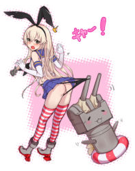 Rule 34 | 10s, 1girl, anchor, anchor hair ornament, ass, black panties, blonde hair, blush, boots, breasts, brown eyes, butt crack, coppertone, coppertone girl, elbow gloves, full body, gloves, grey footwear, hair ornament, hairband, highres, kantai collection, lifebuoy, long hair, open mouth, panties, panty lift, pantyshot, personification, rensouhou-chan, sailor collar, school uniform, serafuku, shennai misha, shimakaze (kancolle), skirt, small breasts, solo, striped clothes, striped thighhighs, swim ring, tears, thighhighs, thong, underwear, upskirt, wedgie