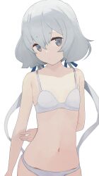 Rule 34 | 1girl, arms behind back, blue ribbon, bra, closed mouth, collarbone, commentary, flat chest, grey eyes, hair between eyes, hair ribbon, highres, hiroki (yyqw7151), konno junko, long hair, looking at viewer, low twintails, navel, panties, ribbon, simple background, solo, twintails, underwear, underwear only, white background, white bra, white panties, zombie land saga
