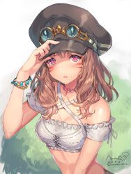 Rule 34 | 10s, 1girl, 2016, black hat, blush, bracelet, breasts, brown hair, cleavage, criss-cross halter, dated, facial mark, final fantasy, final fantasy xiv, halterneck, hand on headwear, hat, highres, jewelry, long hair, medium breasts, miqo&#039;te, momoko (momopoco), parted lips, pink eyes, signature, slit pupils, solo, twitter username, warrior of light (ff14)