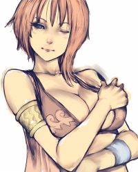 Rule 34 | 1girl, alabasta, arabian clothes, armband, armlet, bandaged arm, bandages, bangle, bracelet, breasts, cleavage, crossed arms, female focus, fumio (rsqkr), huge breasts, jewelry, large breasts, nami (one piece), one eye closed, one piece, orange hair, short hair, simple background, sleeveless, solo, tattoo, white background, wink