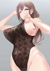 Rule 34 | 1girl, absurdres, bare shoulders, black one-piece swimsuit, blush, breasts, brown eyes, brown hair, brown one-piece swimsuit, closed mouth, clothes pull, covered erect nipples, covered navel, grey background, hair between eyes, highleg, highleg swimsuit, highres, hip focus, idolmaster, idolmaster shiny colors, kuwayama chiyuki, large breasts, light smile, long hair, looking at viewer, one-piece swimsuit, one-piece swimsuit pull, puffy nipples, q (ed69), simple background, smile, solo, swimsuit