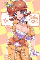 Rule 34 | 1girl, blue eyes, breasts, bursting breasts, character name, checkered background, chris (mario), cleavage, crown, daisy, dress, earrings, english text, flower, flower ornament, gloves, highres, jewelry, large breasts, looking at viewer, mario (series), mini crown, nintendo, open mouth, princess daisy, puffy short sleeves, puffy sleeves, short sleeves, simple background, smile, solo, speech bubble, super smash bros., text focus, white gloves