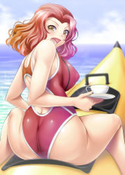 Rule 34 | 10s, 1girl, ass, ayato, back, bad id, bad pixiv id, banana boat, bare shoulders, blurry, blush, breasts, brown eyes, competition swimsuit, covered erect nipples, cup, depth of field, from behind, girls und panzer, highres, huge ass, large breasts, lens flare, long hair, looking at viewer, looking back, ocean, one-piece swimsuit, open mouth, pink hair, rosehip (girls und panzer), saucer, shiny clothes, sitting, solo, swimsuit, teacup, tongue
