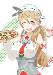 Rule 34 | 10s, 1girl, ;d, armpits, b-man, brown eyes, brown hair, food, headgear, kantai collection, littorio (kancolle), long hair, looking at viewer, one eye closed, open mouth, pizza, smile, solo