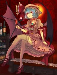 Rule 34 | 1girl, alcohol, ascot, bat wings, blue hair, bottle, brooch, choker, collarbone, couch, crossed legs, cup, dress, drinking glass, high heels, jewelry, looking at viewer, panzer (p.z), petticoat, pink dress, pink thighhighs, pointy ears, puffy sleeves, red eyes, remilia scarlet, shelf, shoes, short sleeves, sitting, smile, solo, string, string of fate, thighhighs, touhou, wine, wine bottle, wine glass, wings, wrist cuffs, zettai ryouiki
