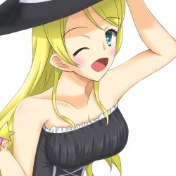 Rule 34 | 1girl, ;), adjusting clothes, adjusting headwear, artist name, artist request, ayase eli, bare shoulders, black dress, blonde hair, blue eyes, blush, breasts, cleavage, collarbone, cross-laced clothes, cross-laced dress, dress, female focus, frilled dress, frills, hair between eyes, hair over shoulder, hat, holding, holding clothes, holding hat, holding wand, long hair, looking at viewer, love live!, love live! school idol project, medium breasts, one eye closed, parted lips, short hair, smile, solo, upper body, wand, white background, wink